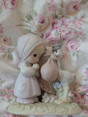 Ceramic Girl with Stork Figurine - Baby Shower Nursery Home Decor